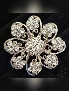 Vintage Rhinstone Floral Statement Brooch - Silver Tone